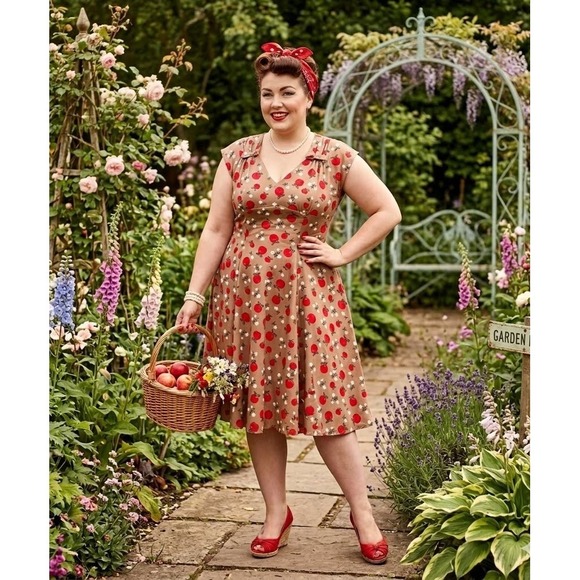 Hell Bunny Dresses & Skirts - Hell Bunny Vixen Dress Womens 3XL Brown Apple Flower Retro Rockabilly Pin Up